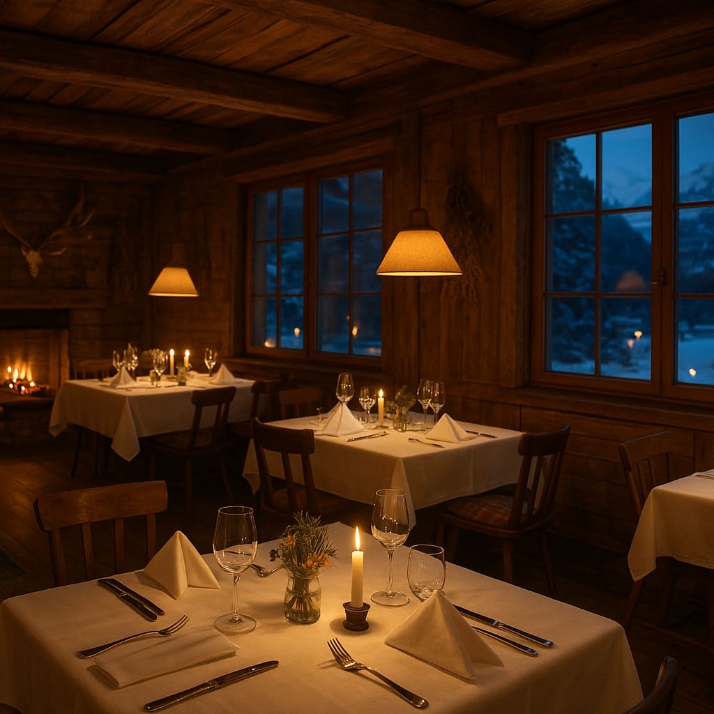 Gemütlicher Gastraum im alpinen Stil